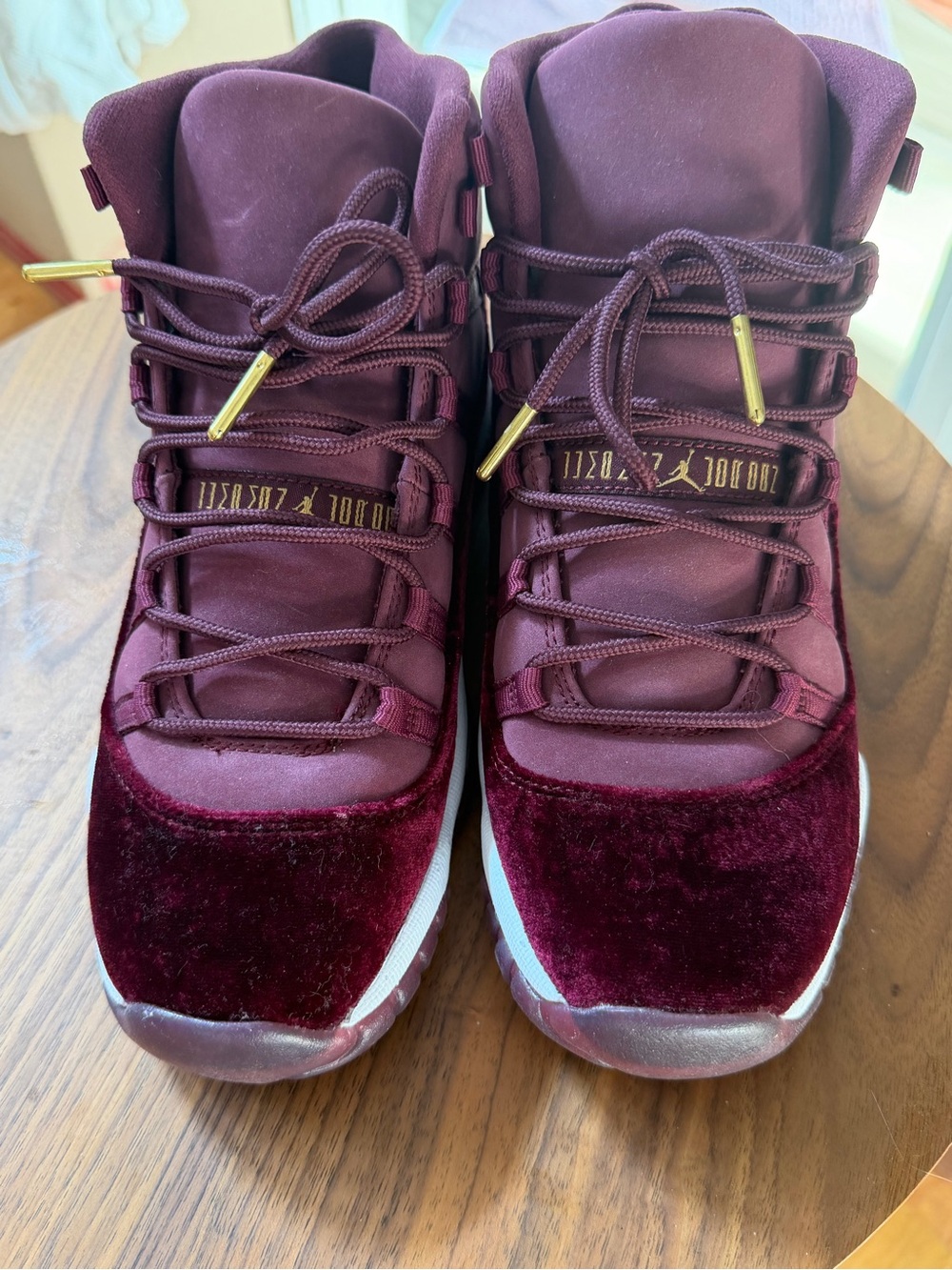 Jordan Women's Velvet Burgundy High-Top Sneakers with Gold Accents